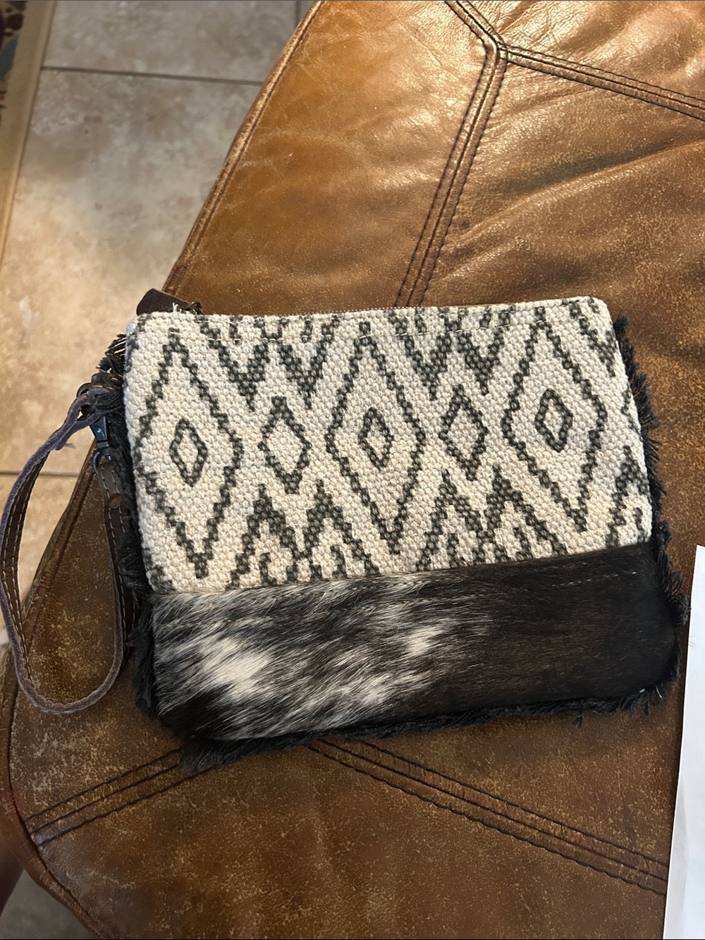 Myra Bag Black and White Woven Aztec Clutch with Fur Trim VGUC